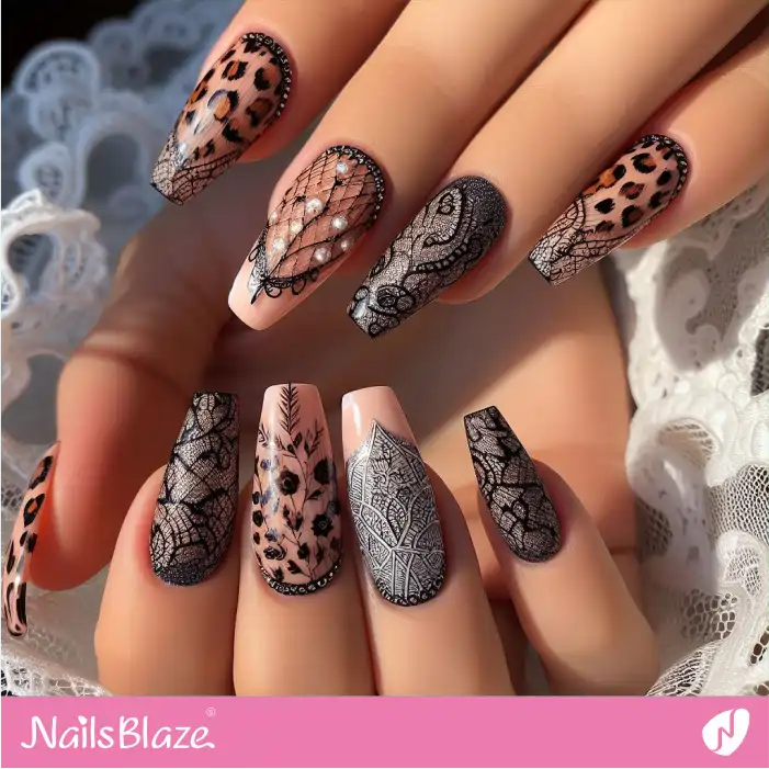 Lace Nails with Leopard Design | Animal Print Nails - NB2508